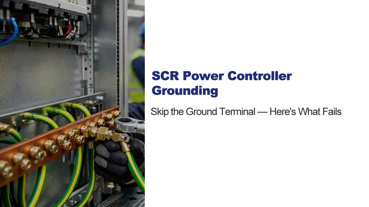 Grounding terminal wiring on an SCR power controller showing yellow-green ground cables and copper busbar connection