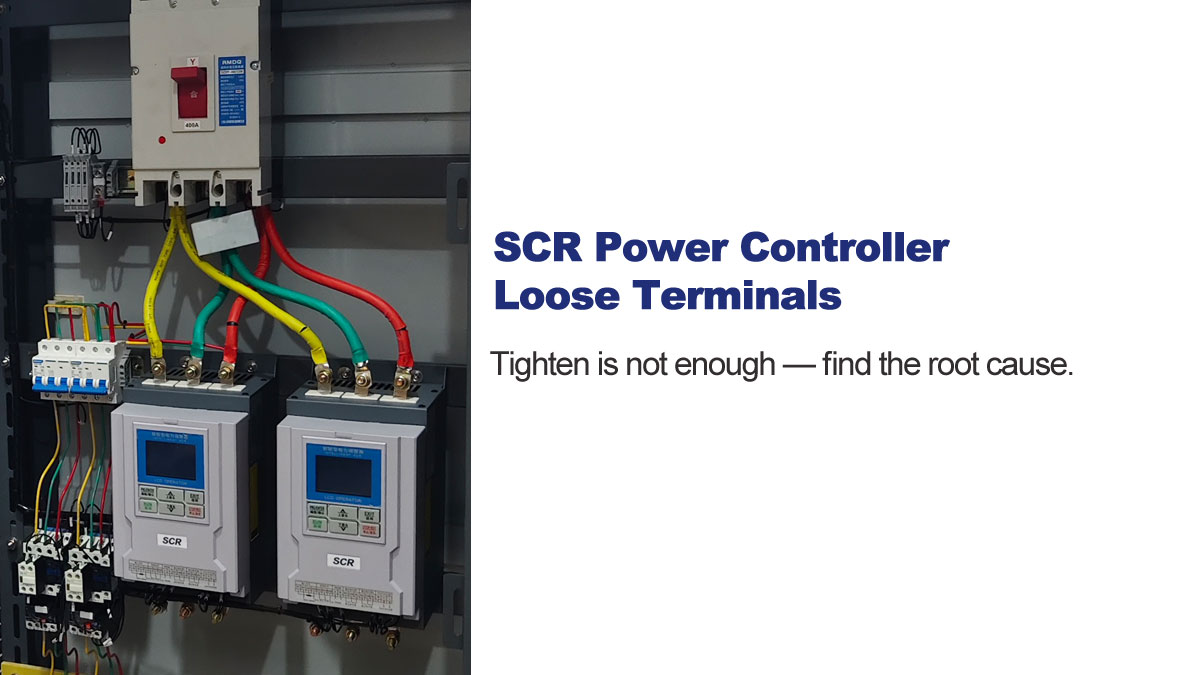 Loose wiring terminals on an SCR power controller showing improper installation and connection risks