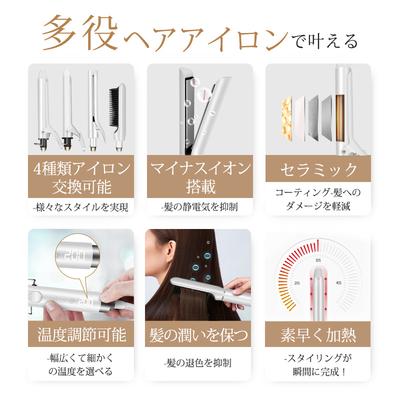 【1台4役｜爆安セール8,500円】 ヘアアイロン ストレート カール 2way カールアイロン 32mm 25mm ヒートブラシ 温度調節 マイナスイオン うるおい プレート 前髪 縮毛 矯正 ツヤ アイロン プロ仕様 ヘアーアイロン ランキング 1位 おすすめ 安い jk9558