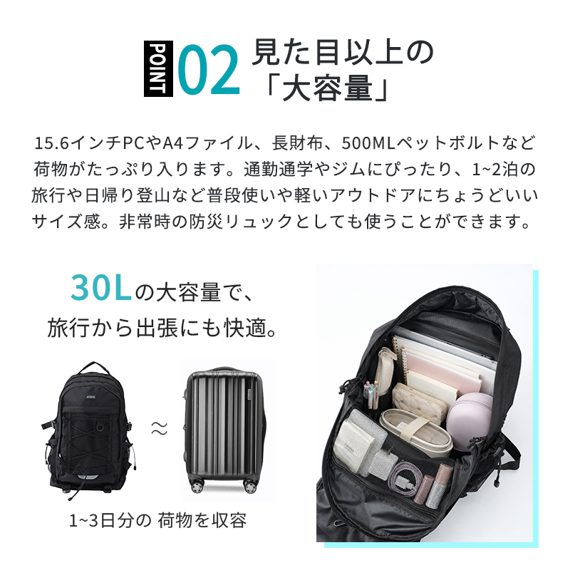 【爆安セール4,400円】リュック レディース メンズ 大容量 30L 男女兼用 バックパック リュックサック 軽量 撥水 通勤 通学 a4 b612