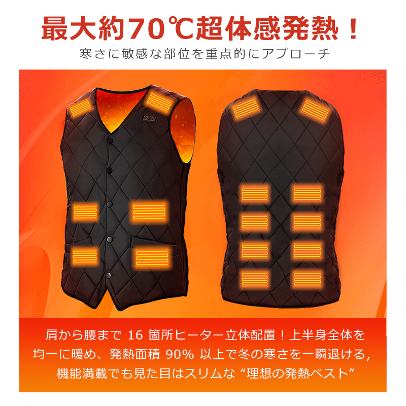 【2025最新進化版】【3秒で速熱 16枚繊維ヒーター 男女兼用】電熱ベスト バッテリー付き インナー レディース メンズ おしゃれ 発熱ベスト 3段温度調整 防寒ベスト ヒーター付き 電熱ジャケット USB給電式 MAX約70℃ 加熱ベスト 電気ベスト 丸洗い 防寒ウェア 大きいサイズ