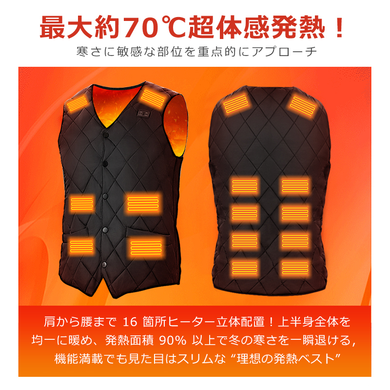 【2025最新進化版】【3秒で速熱 16枚繊維ヒーター 男女兼用】電熱ベスト バッテリー付き インナー レディース メンズ おしゃれ 発熱ベスト 3段温度調整 防寒ベスト ヒーター付き 電熱ジャケット USB給電式 MAX約70℃ 加熱ベスト 電気ベスト 丸洗い 防寒ウェア 大きいサイズ