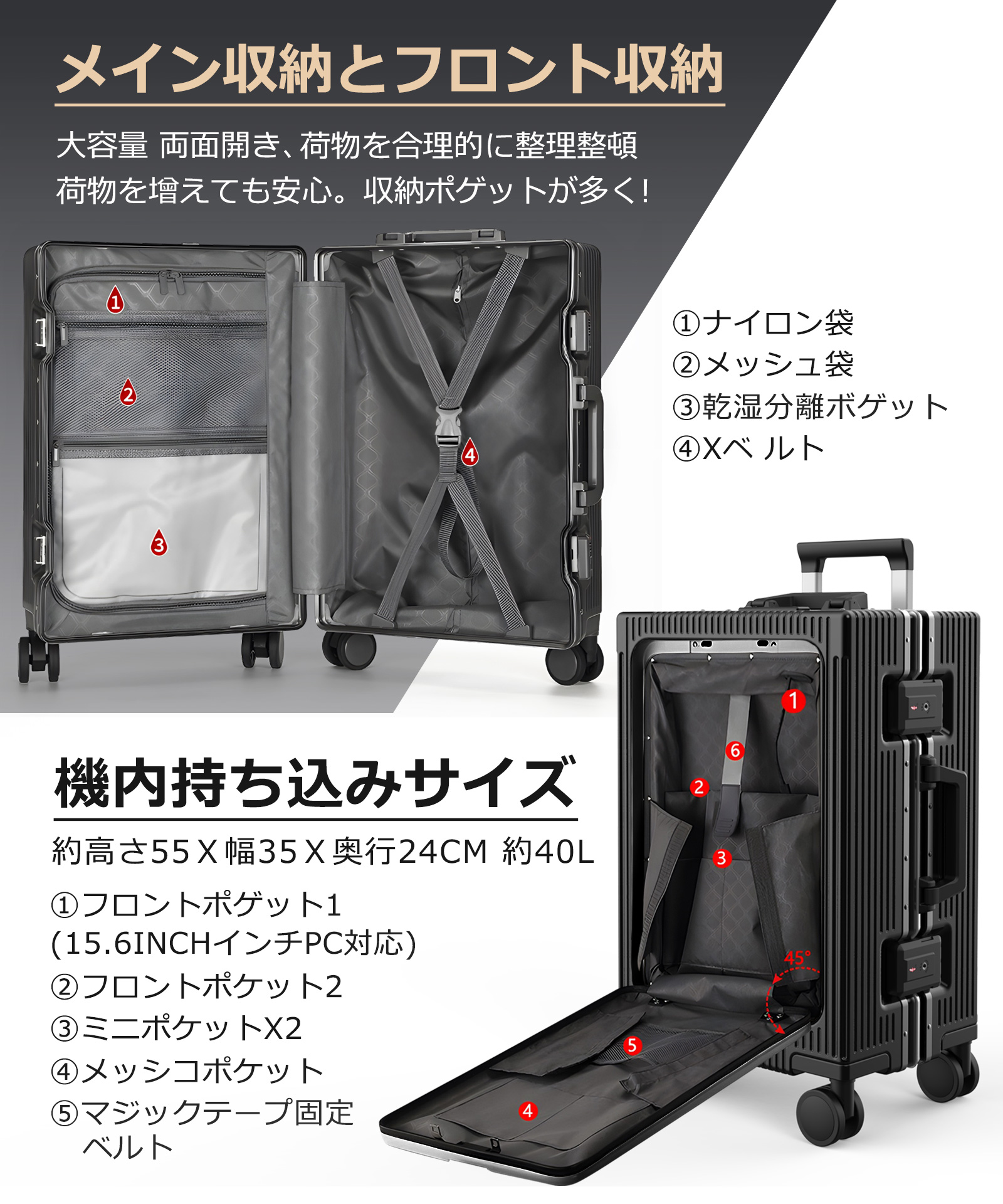 スーツケース 前開き キャリーケース 機内持ち込み可 フロントオープン