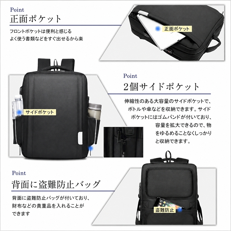 ビジネスリュック 完全防水 大容量 軽量 充電 15.6インチ 防水 ノートpc 30l usbポート 出張 旅行 機内持ち込みサイズ 1895