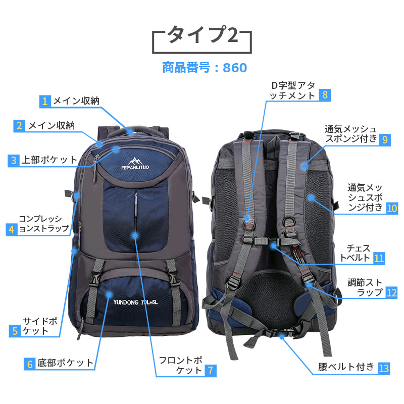 ★75L超大容量 地震 災害対策★ リュック 大容量 75L リュックサック メンズ 防災リュック バックパック 軽量 防水 通勤バッグ b860 b862