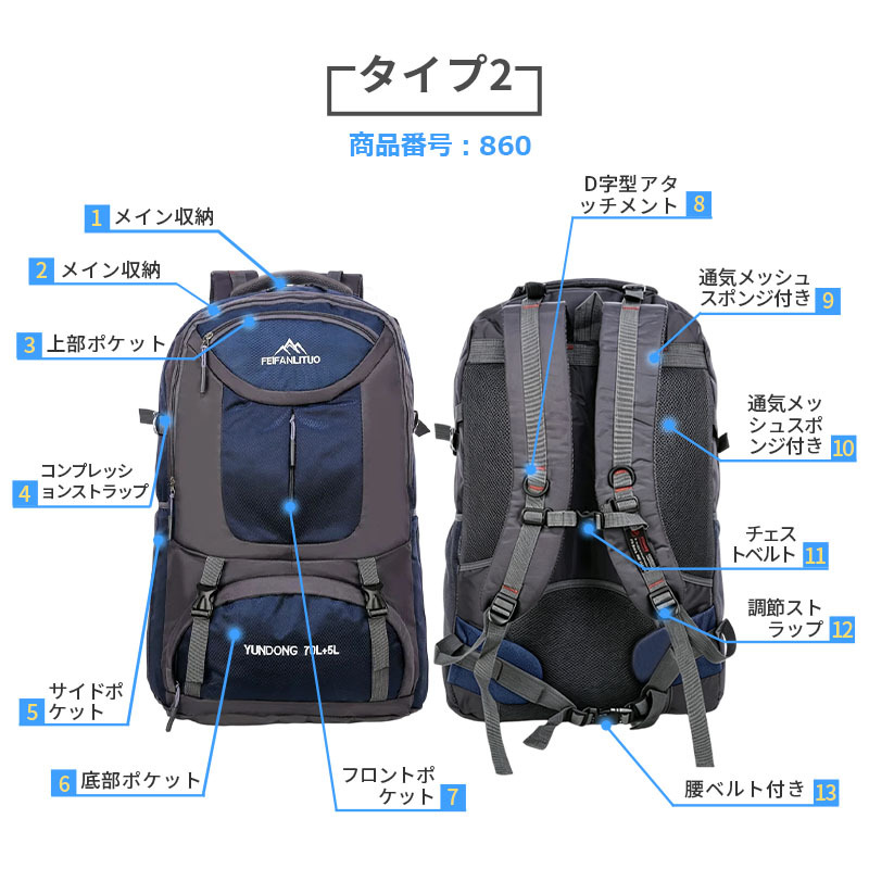 ★75L超大容量 地震 災害対策★ リュック 大容量 75L リュックサック メンズ 防災リュック バックパック 軽量 防水 通勤バッグ b860 b862