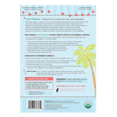 CocoTherapy Organic Cat Hairball Plus | Hairball Digestive Fiber Support | Holistic Healthcare for Cats