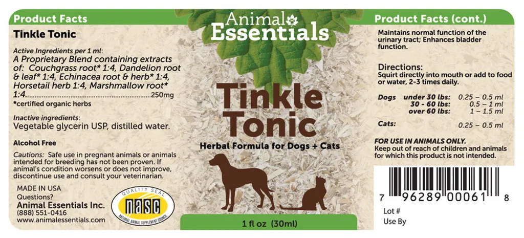 Animal Essentials Tinkle Tonic (1oz) | Healthy Urinary Tract Support | Holistic Healthcare for Dogs & Cats