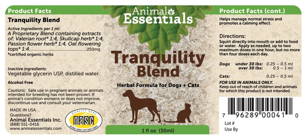 Animal Essentials Tranquility Blend (1oz) | Stress Anxiety Support | Holistic Healthcare for Dogs & Cats