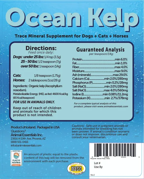 Animal Essentials Organic Ocean Kelp (8oz) | Thyroid Iodine Skin Antioxidant Immune Support | Holistic Healthcare for Dogs and Cats