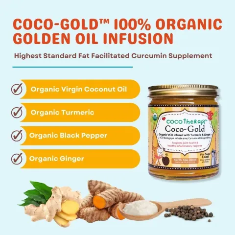 CocoTherapy Coco-Gold (7.5oz) | USDA Certified Organic Coconut Oil infused with Organic Turmeric and Organic Ginger