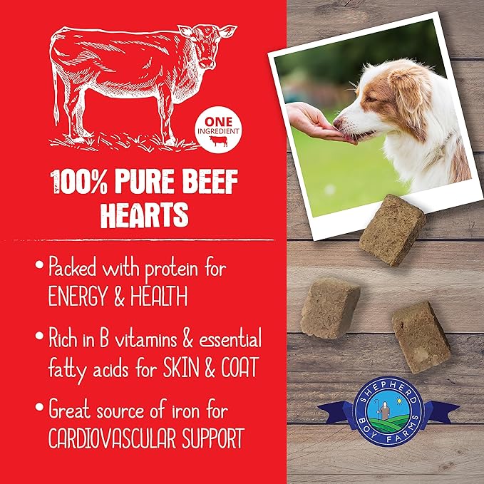 Shepherd Boy Farms Beef Hearts (3oz) Freeze Dried Organ Taurine Training Treat for Dogs and Cats