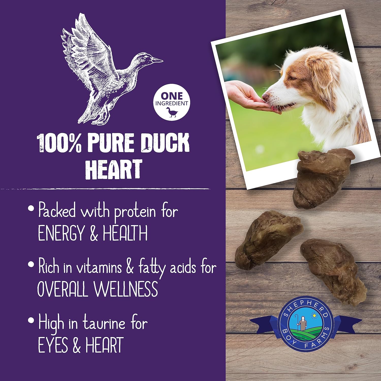 Shepherd Boy Farms Duck Hearts (3oz) Freeze Dried Novel Protein Organ Taurine Training Treat for Dogs and Cats