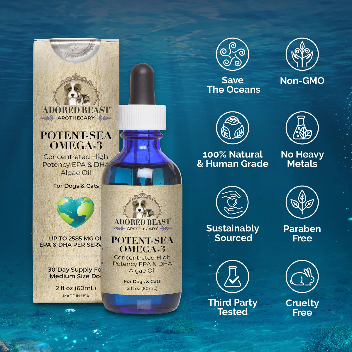 Adored Beast Potent Sea Omega 3 (60ml) Fish Oil EPA DHA Itchy Skin Coat Heart Support for Dogs and Cats