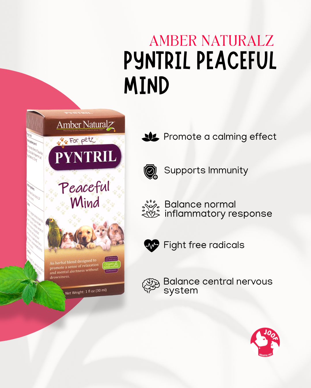 Amber Naturalz Pyntril Peaceful Mind (1oz) Stress Anxiety Calming Support Herbal Tincture for Dogs and Cats