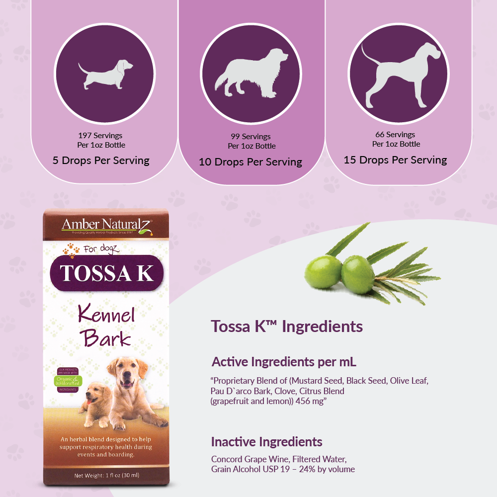 Amber Naturalz Tossa K Kennel Bark (1oz) Kennel Cough Respiratory Support Herbal Tincture for Dogs