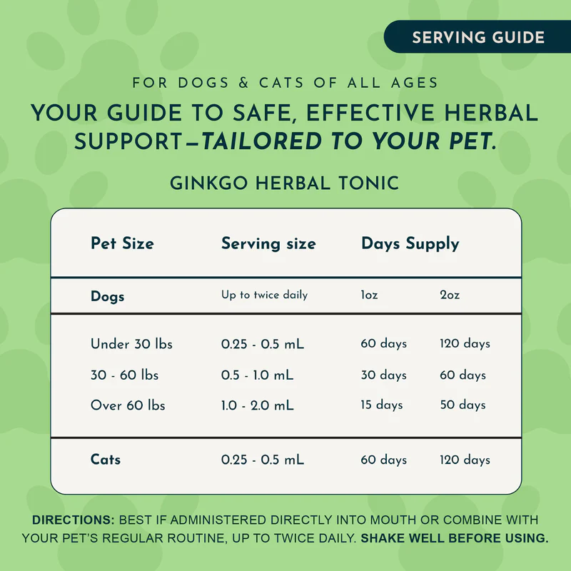 Animal Essentials Ginkgo (1oz) Cognitive Circulation Cardiovascular Support Herbal Tincture Organic for Dogs and Cats