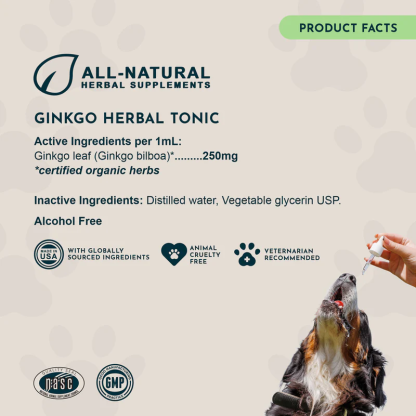 Animal Essentials Ginkgo (1oz) Cognitive Circulation Cardiovascular Support Herbal Tincture Organic for Dogs and Cats