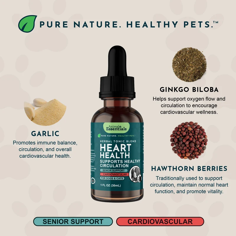 Animal Essentials Heart Health (1oz) Heart Cardiovascular Antioxidant Support Herbal Tincture Organic for Dogs and Cats