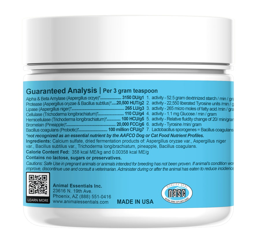 Animal Essentials Plant Enzyme & Probiotics (100g) Digestive Enzyme Gut Pancreatitis Support for Dogs and Cats