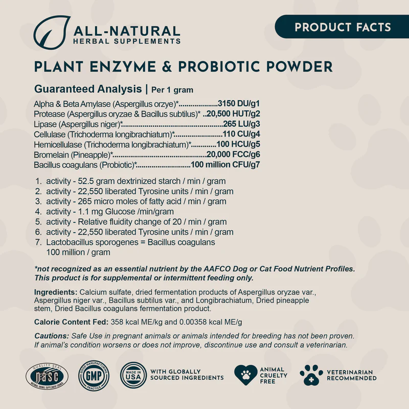 Animal Essentials Plant Enzyme & Probiotics (100g) Digestive Enzyme Gut Pancreatitis Support for Dogs and Cats
