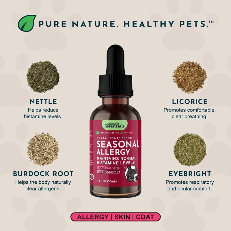 Animal Essentials Seasonal Allergy (1oz & 80g) Environmental Allergy Itchy Skin Support Herbal Tincture Organic for Dogs and Cats