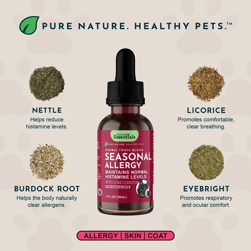 Animal Essentials Seasonal Allergy (1oz & 80g) Environmental Allergy Itchy Skin Support Herbal Tincture Organic for Dogs and Cats