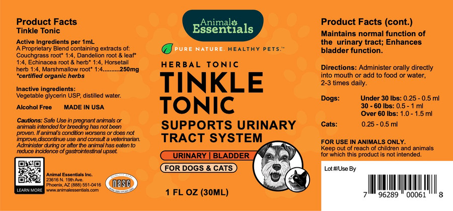 Animal Essentials Tinkle Tonic (1oz) Urinary Tract UTI Bladder Support Herbal Tincture Organic for Dogs and Cats
