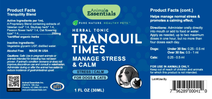 Animal Essentials Tranquility Blend (1oz) Stress Anxiety Calming Support Herbal Tincture Organic for Dogs and Cats