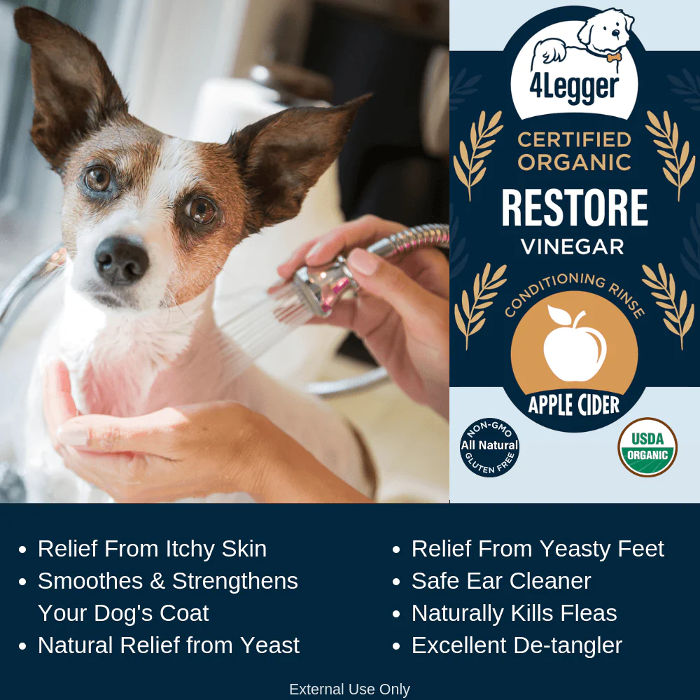 4Legger Restore, Apple Cider Vinegar USDA Certified Organic Conditioning Rinse (8oz) | Normal to Yeast & Bacteria Skin Conditioner for Dogs