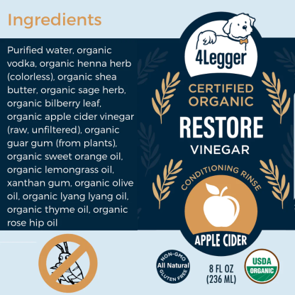 4Legger Restore, Apple Cider Vinegar USDA Certified Organic Conditioning Rinse (8oz) | Normal to Yeast & Bacteria Skin Conditioner for Dogs