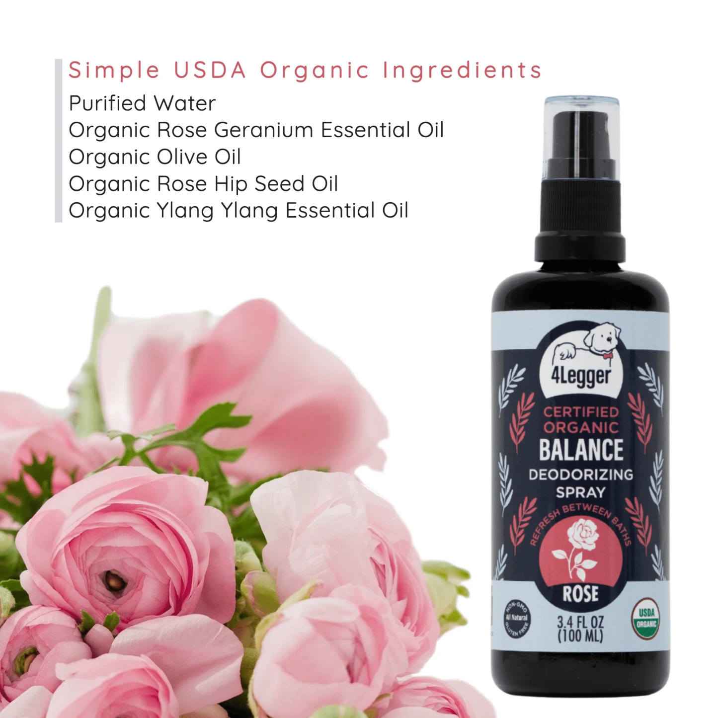 4Legger Balance, Rose USDA Certified Organic Deodorizing Spray for Dogs (3.4oz) | Holistic Grooming Essentials for Dogs