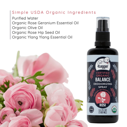 4Legger Balance, Rose USDA Certified Organic Deodorizing Spray for Dogs (3.4oz) | Holistic Grooming Essentials for Dogs