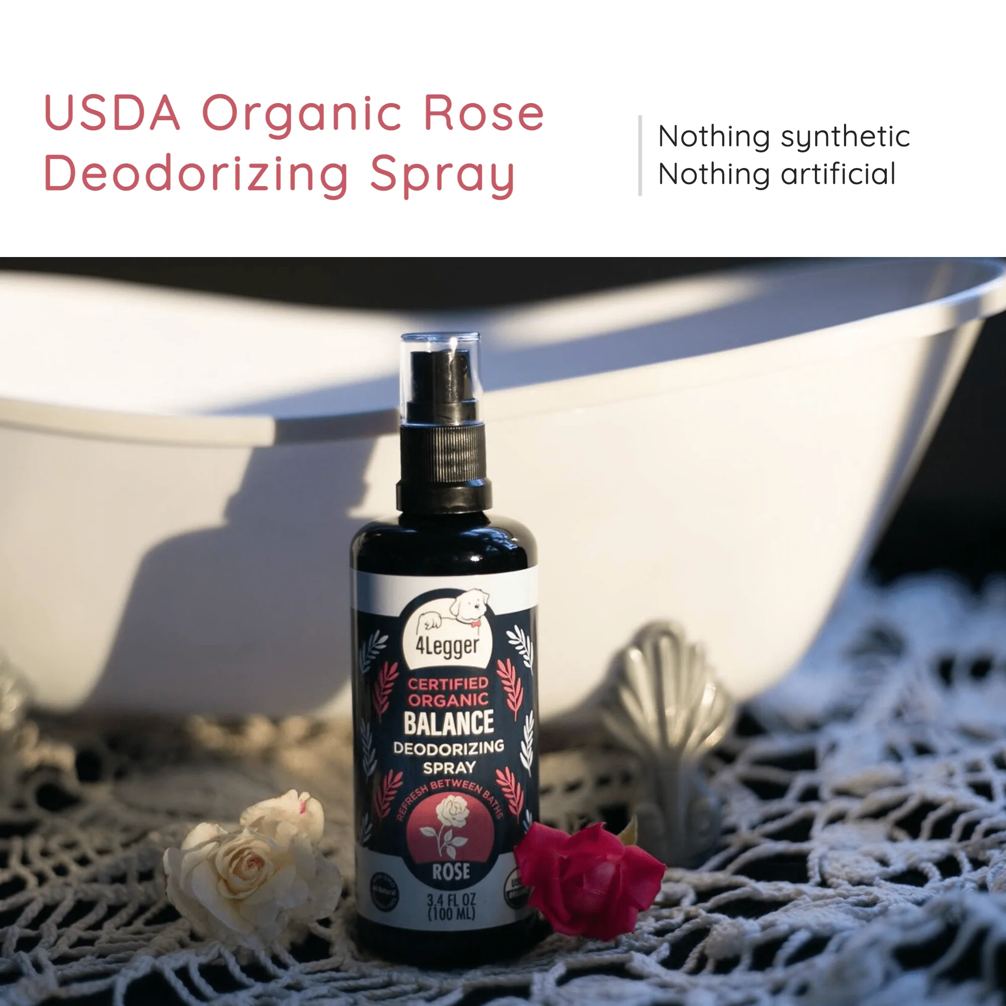 4Legger Balance, Rose USDA Certified Organic Deodorizing Spray for Dogs (3.4oz) | Holistic Grooming Essentials for Dogs