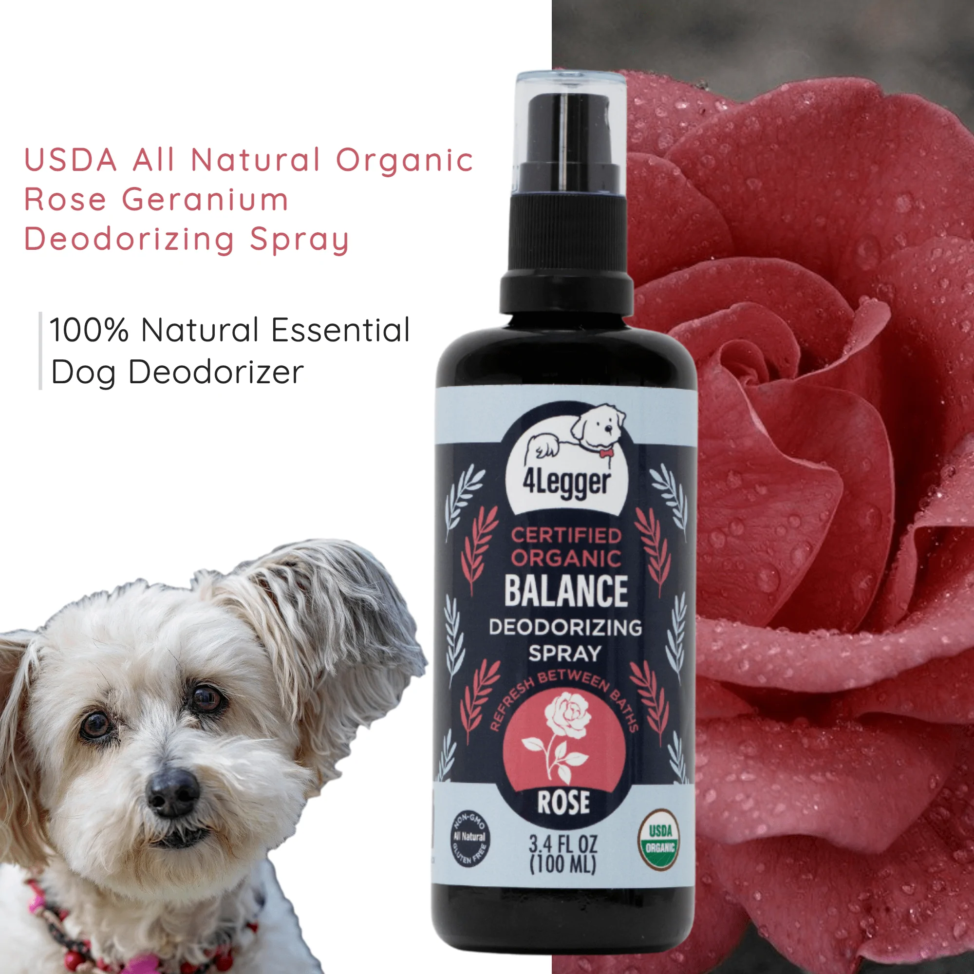 4Legger Balance, Rose USDA Certified Organic Deodorizing Spray for Dogs (3.4oz) | Holistic Grooming Essentials for Dogs