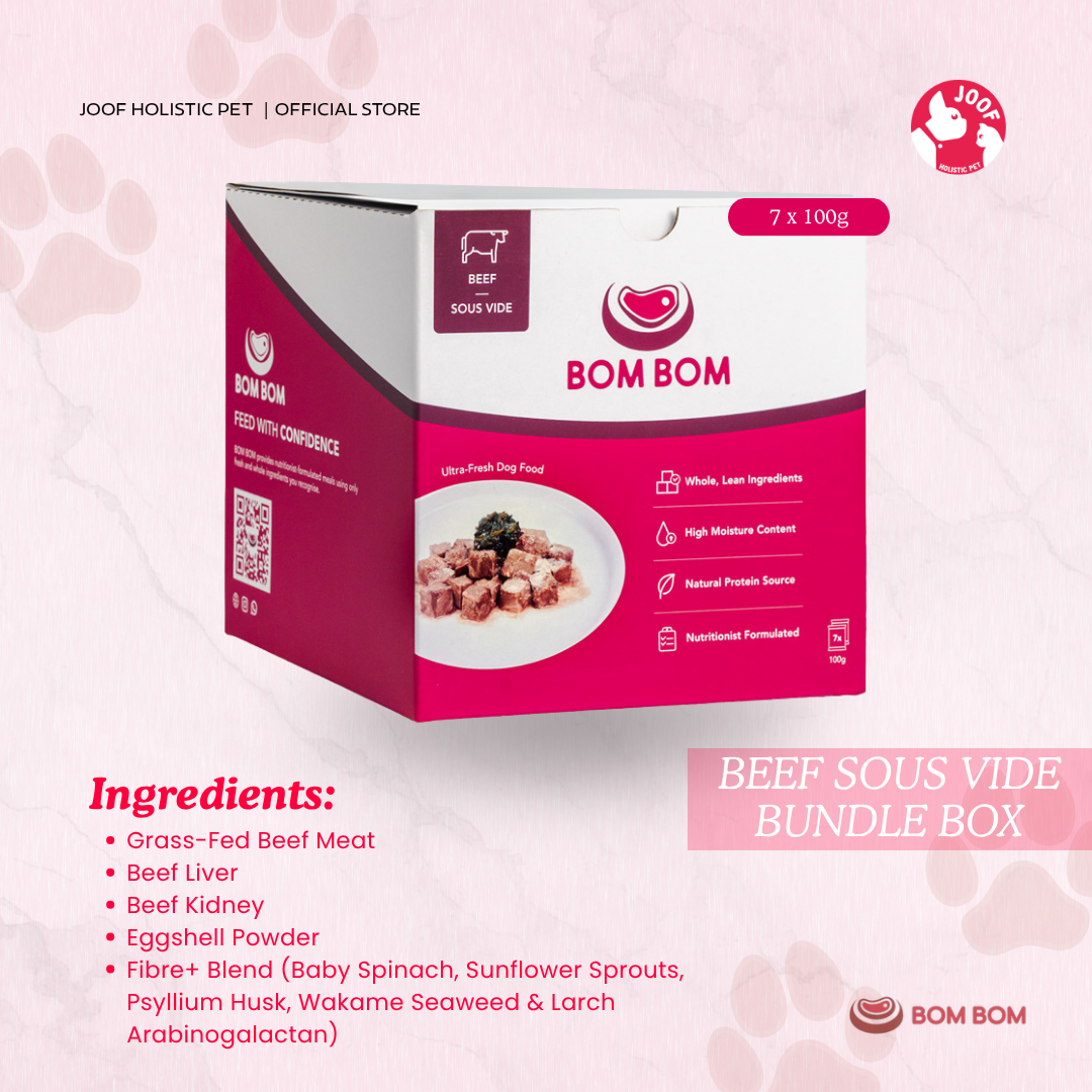 BOMBOM Beef Sous Vide Box (7x100g) Gently Cooked BARF Single Protein Elimination Diet for Dogs and Cats