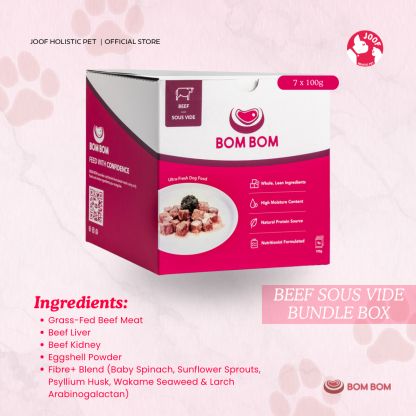 BOMBOM Beef Sous Vide Box (7x100g) Gently Cooked BARF Single Protein Elimination Diet for Dogs and Cats