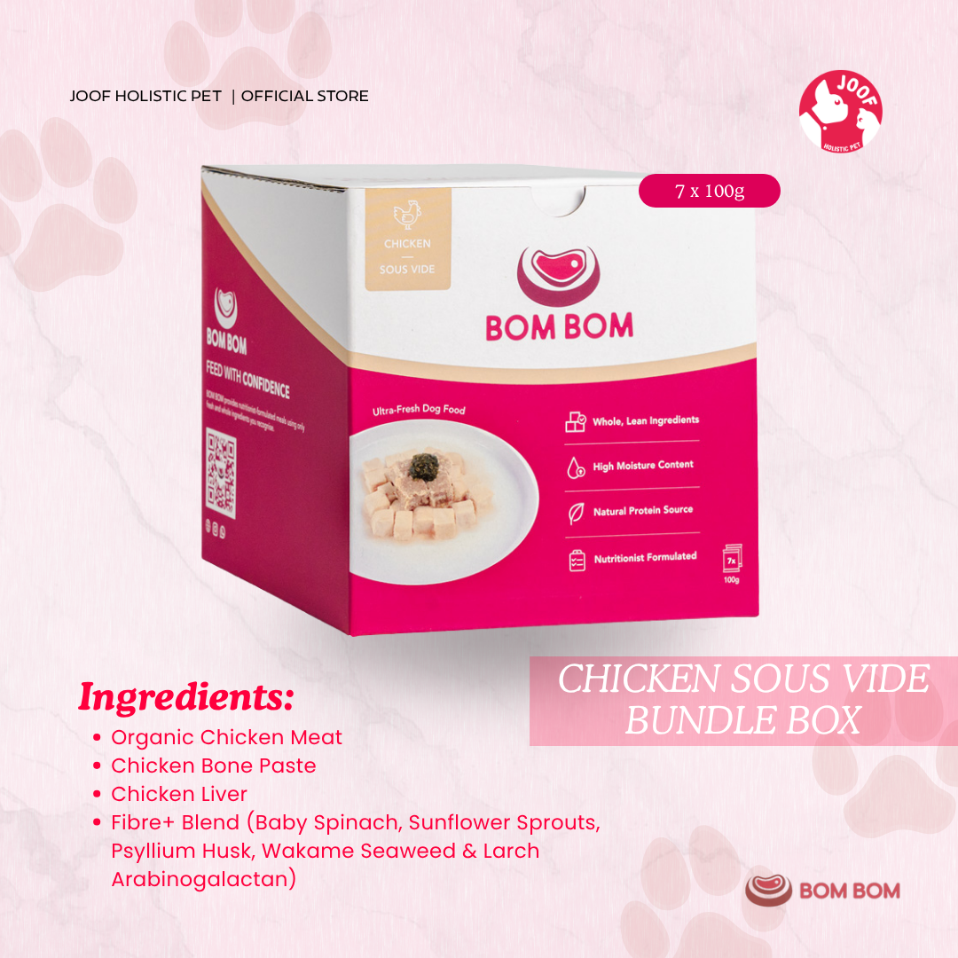 BOMBOM Chicken Sous Vide Box (7x100g) Gently Cooked BARF Single Protein Elimination Diet for Dogs and Cats