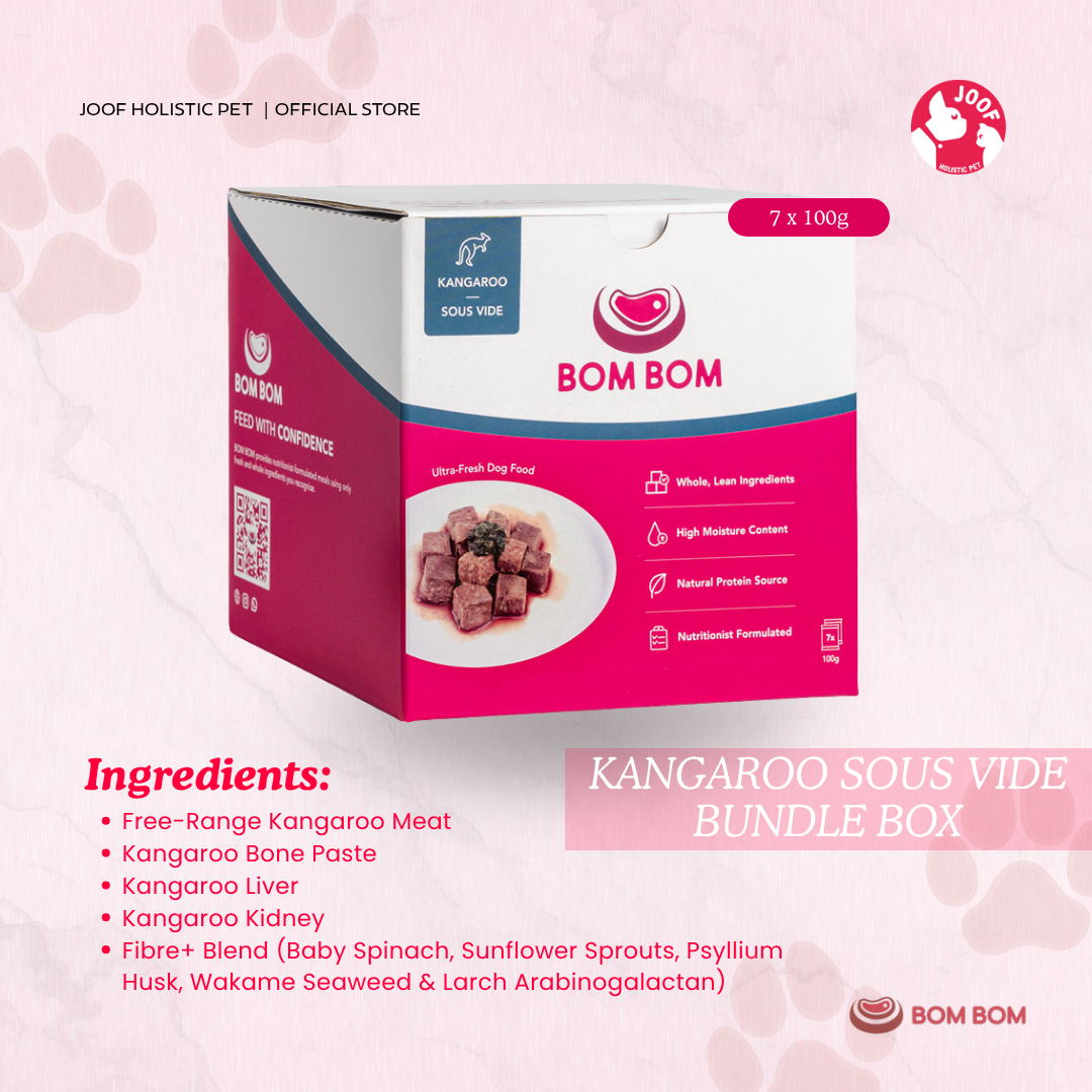 BOMBOM Kangaroo Sous Vide Box (7x100g) Gently Cooked BARF Single Protein Elimination Diet for Dogs and Cats