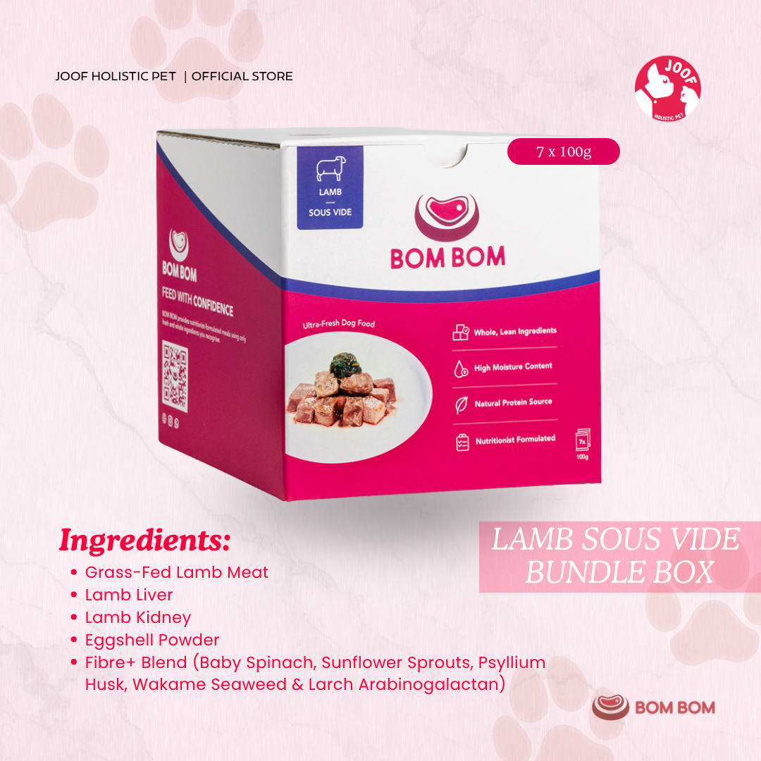 BOMBOM Lamb Sous Vide Box (7x100g) Gently Cooked BARF Single Protein Elimination Diet for Dogs and Cats