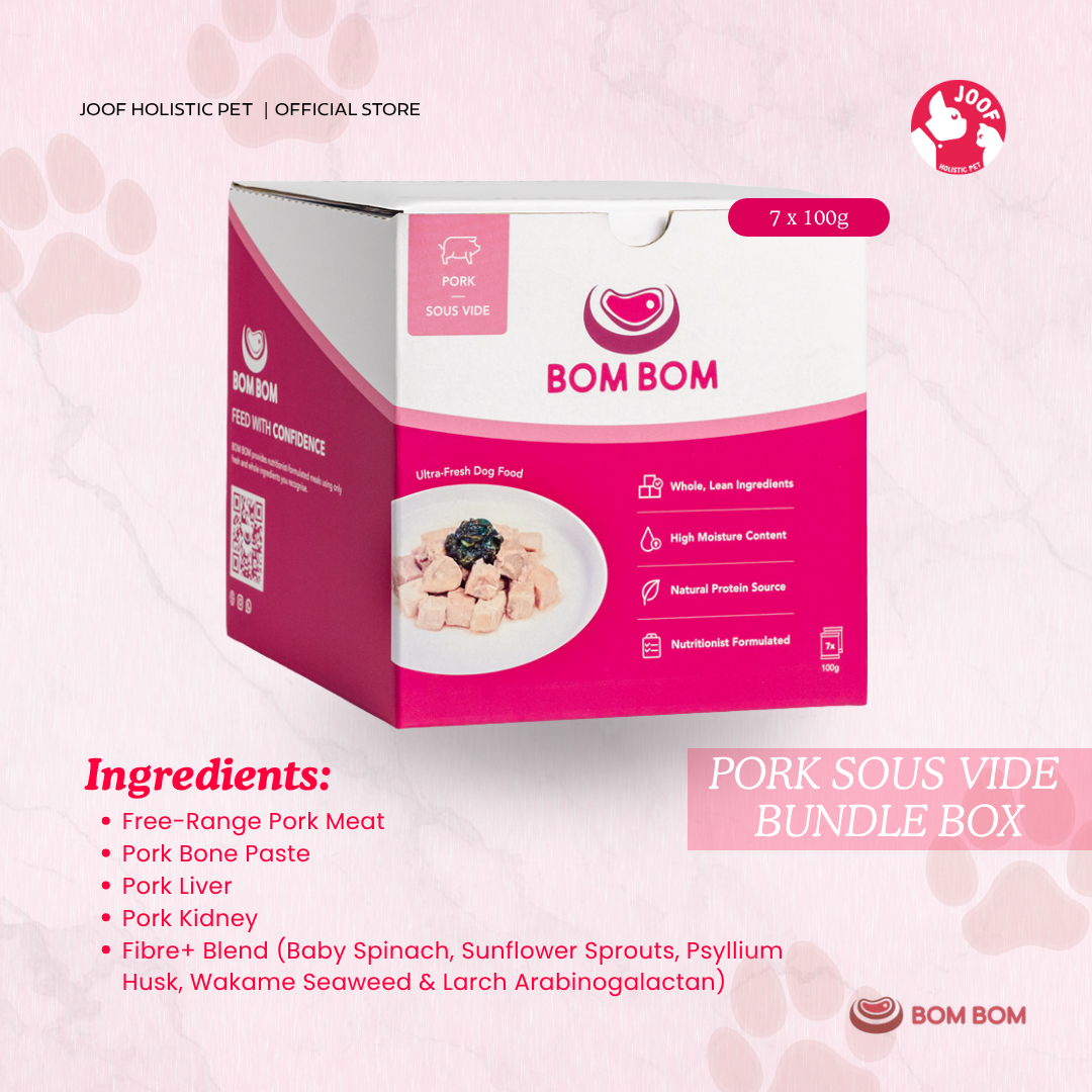 BOMBOM Pork Sous Vide Box (7x100g) Gently Cooked BARF Single Protein Elimination Diet for Dogs and Cats