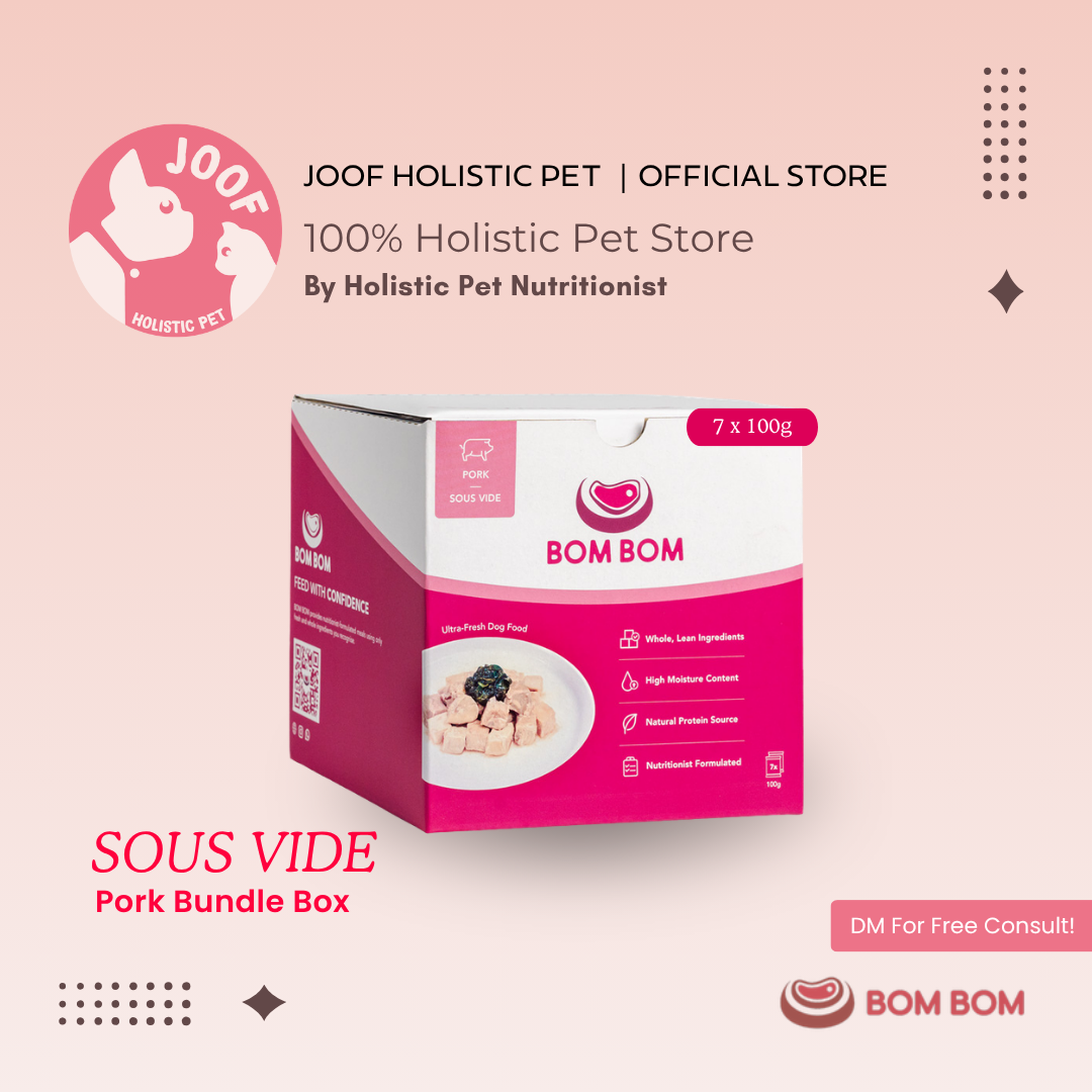BOMBOM Pork Sous Vide Box (7x100g) Gently Cooked BARF Single Protein Elimination Diet for Dogs and Cats