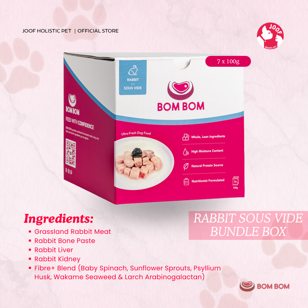 BOMBOM Rabbit Sous Vide Box (7x100g) Gently Cooked BARF Single Protein Elimination Diet for Dogs and Cats