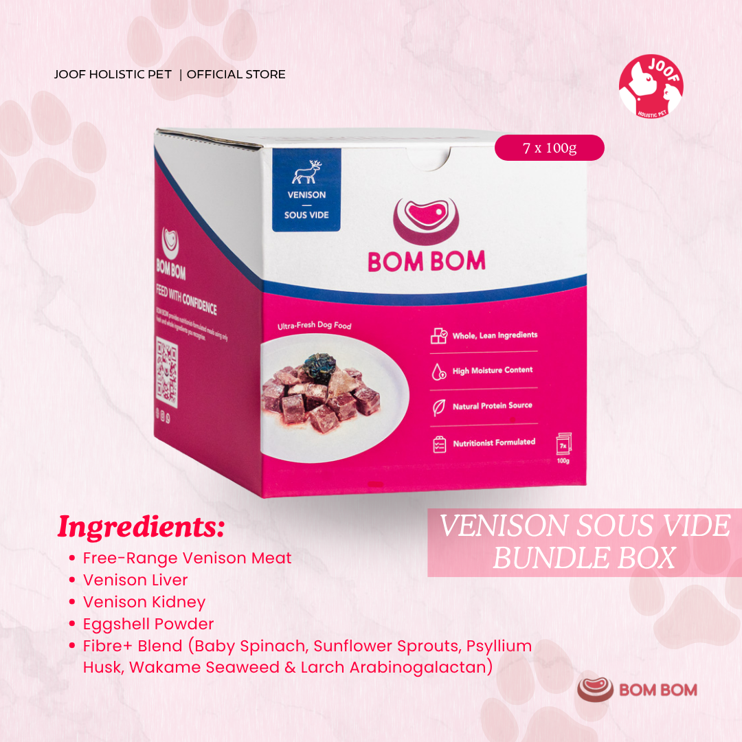 BOMBOM Venison Sous Vide Box (7x100g) Gently Cooked BARF Single Protein Elimination Diet for Dogs and Cats