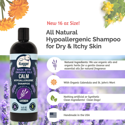 4Legger Calm, Lavender Soothing Hypoallergenic USDA Certified Organic Shampoo (8oz) | Itchy Skin, Rash, Hotspot Shampoo for Dogs and Cats
