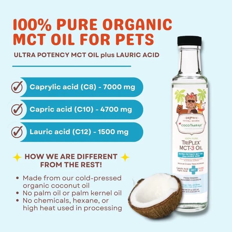 CocoTherapy TriPlex MCT-3 Oil (8oz & 16oz) Ketone Brain Cognitive Weight Support for Dogs Cats and Humans