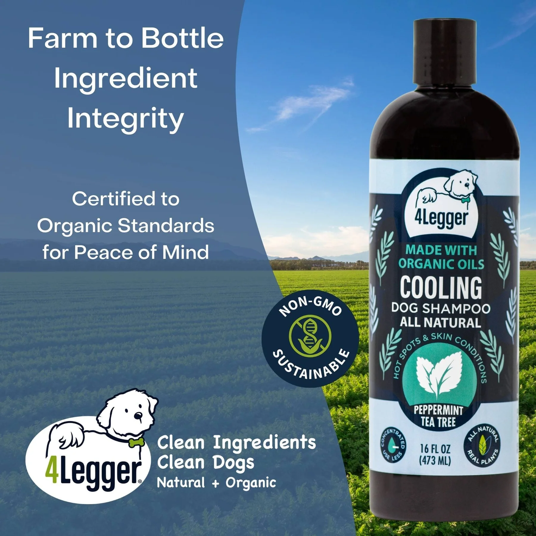4Legger Cooling, Tea Tree USDA Certified Organic Shampoo (8oz) | Yeast & Bacteria Skin Shampoo for Dogs