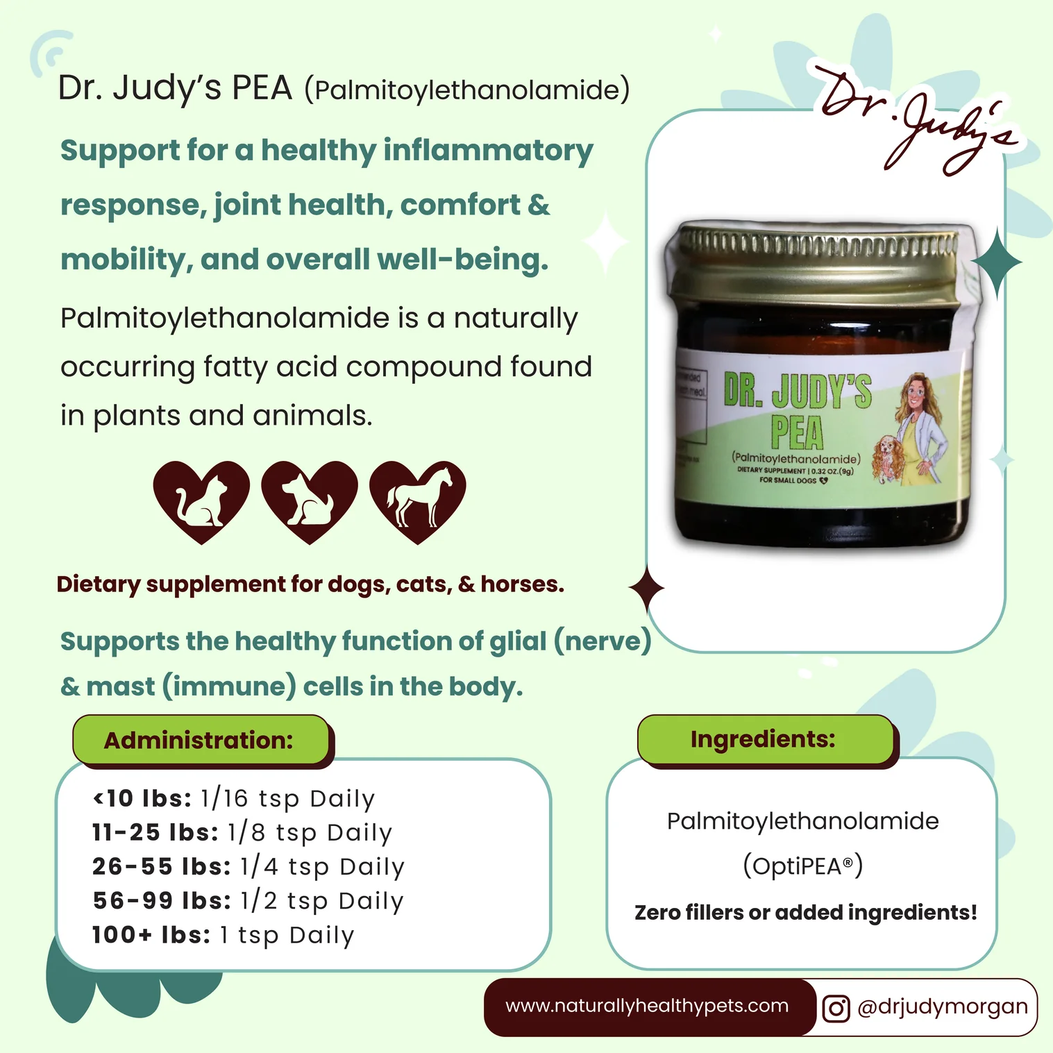 Dr Judy Morgan PEA Palmitoylethanolamide (9g & 40g) Nerve Pain Mast Cell Allergy Anti Inflammatory Support for Dogs and Cats