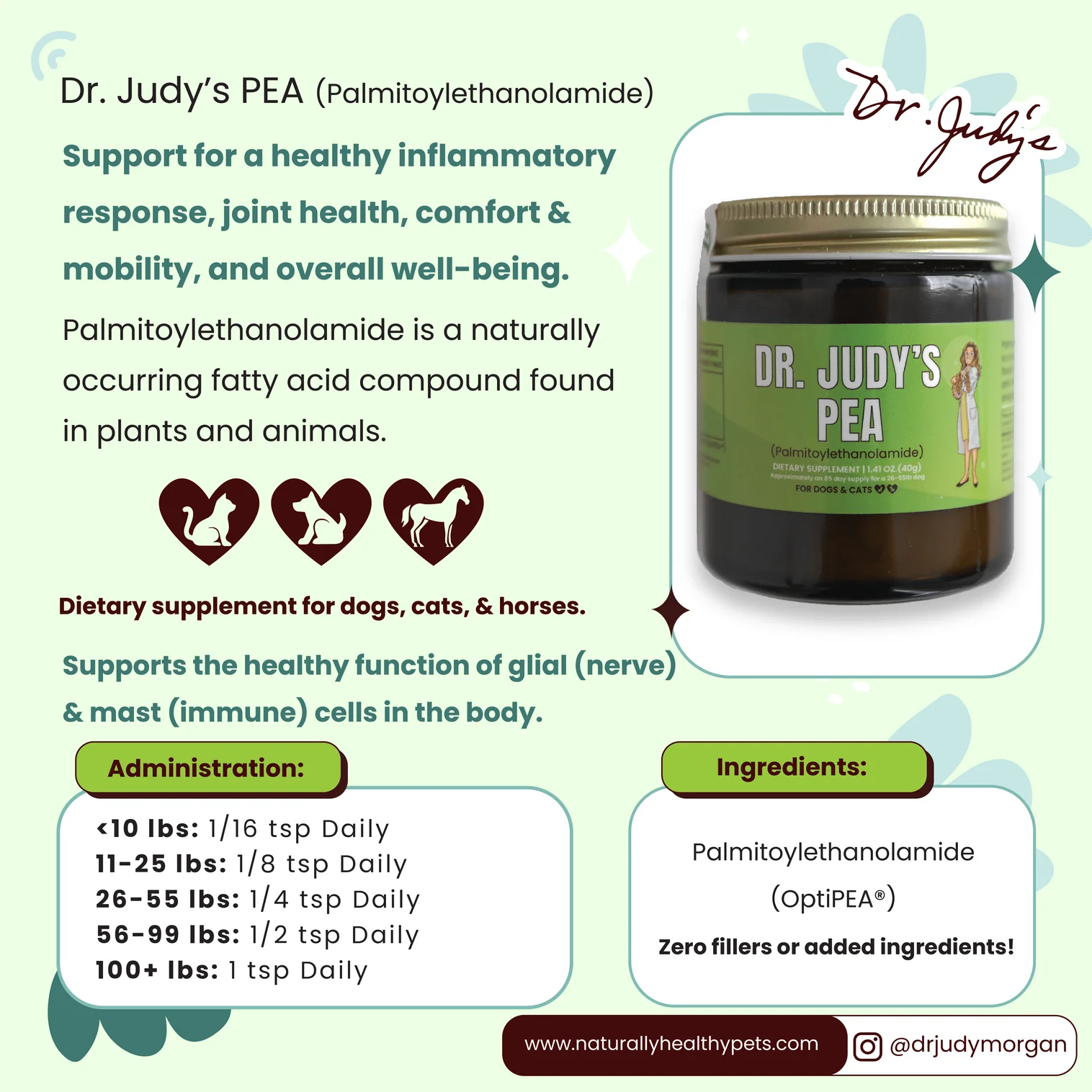 Dr Judy Morgan PEA Palmitoylethanolamide (9g & 40g) Nerve Pain Mast Cell Allergy Anti Inflammatory Support for Dogs and Cats