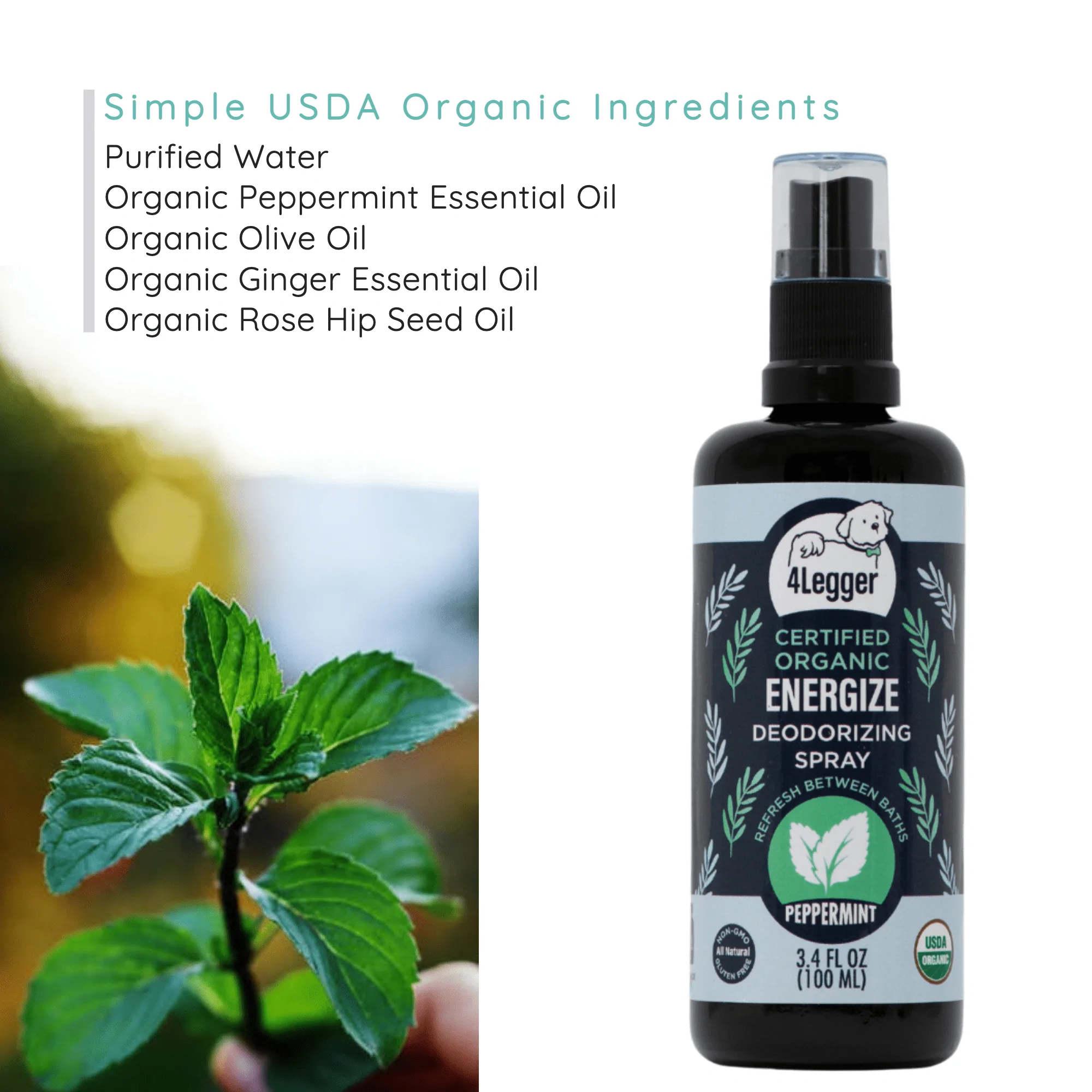 4Legger Energize, Peppermint USDA Certified Organic Deodorizing Spray for Dogs (3.4oz) | Holistic Grooming Essentials for Dogs